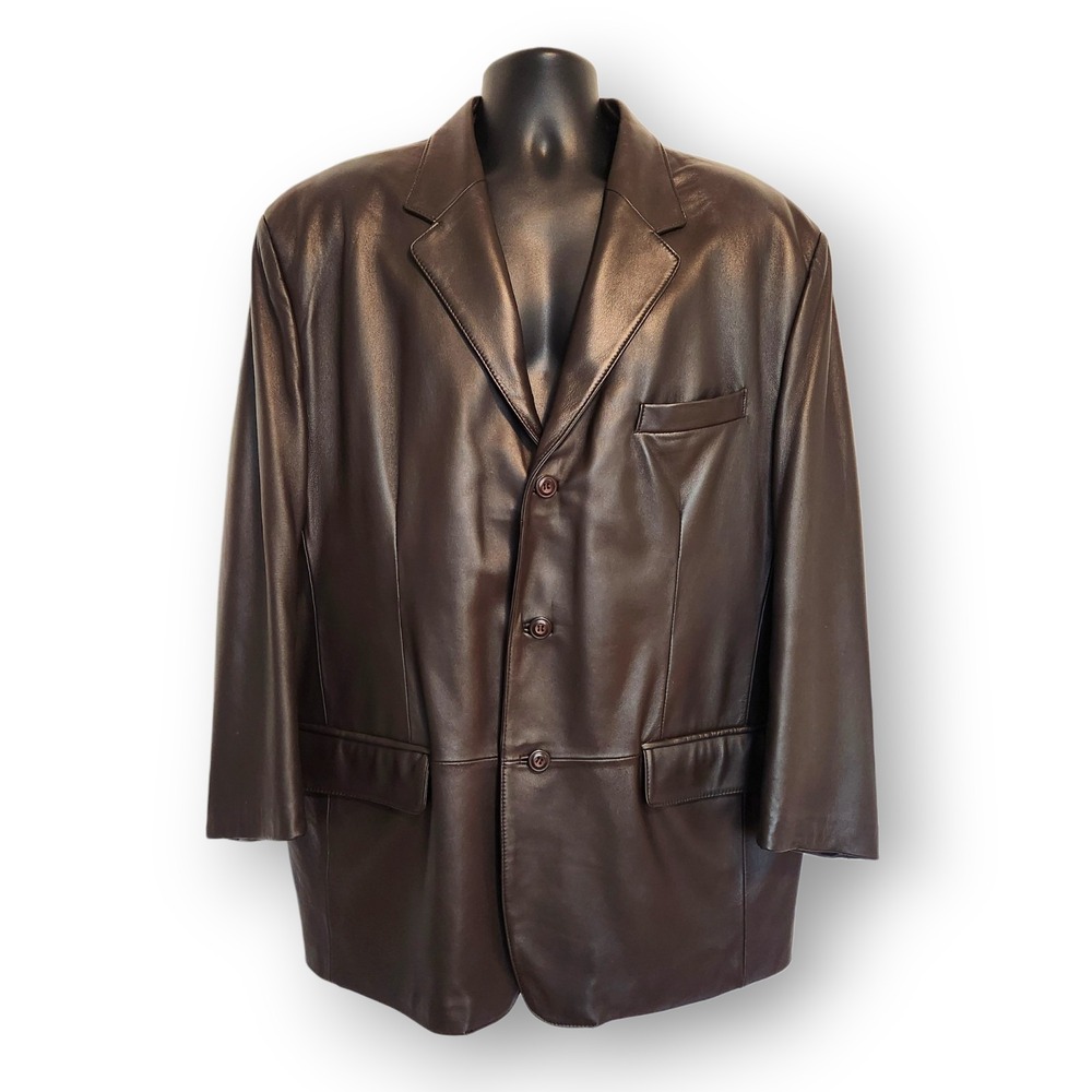 Vintage 90s Chocolate Brown Genuine Leather Blazer Jacket Men's XL 3-Button Coat